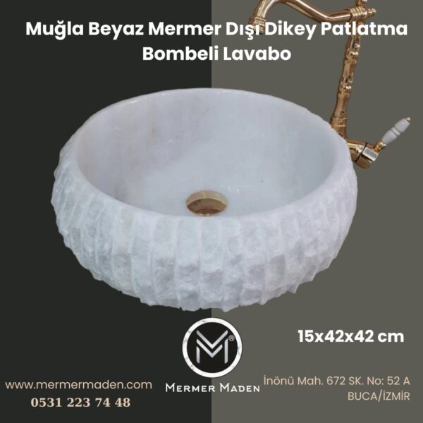 Muğla Beyaz Mermer Dışı Dikey Patlatma Bombeli Lavabo | Modern ve Şık Doğal Taş Lavabo