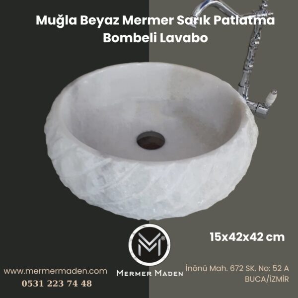 Muğla Beyaz Mermer Sarık Patlatma Bombeli Lavabo | Modern ve Şık Doğal Taş Lavabo