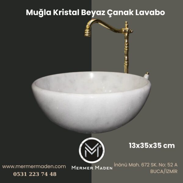 Muğla Kristal Beyaz Çanak Lavabo | Modern ve Şık Doğal Taş Lavabo
