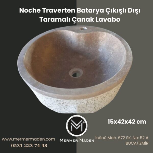 Noche Traverten Batarya Çıkışlı Dışı Taramalı Çanak Lavabo | Modern ve Şık Doğal Taş Lavabo