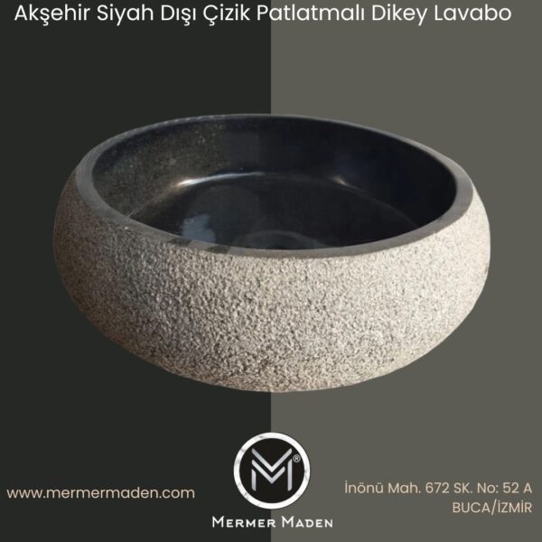 Akşehir Siyah Dışı Mucartalı Bombeli Lavabo | Modern ve Şık Doğal Taş Lavabo