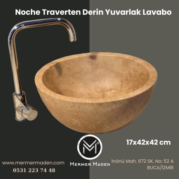 Noche Traverten Derin Yuvarlak Lavabo | Modern ve Şık Doğal Taş Lavabo