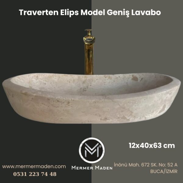 Traverten Elips Model Geniş Lavabo | Modern ve Şık Doğal Taş Lavabo