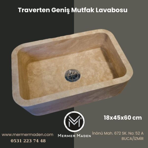 Traverten Geniş Mutfak Lavabosu | Modern ve Şık Doğal Taş Lavabo
