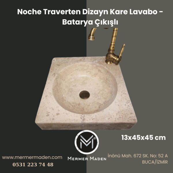 Noche Traverten Dizayn Kare Lavabo - Batarya Çıkışlı | Modern ve Şık Doğal Taş Lavabo