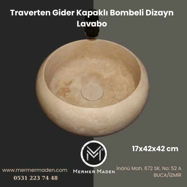Traverten Gider Kapaklı Bombeli Dizayn Lavabo | Modern ve Şık Doğal Taş Lavabo