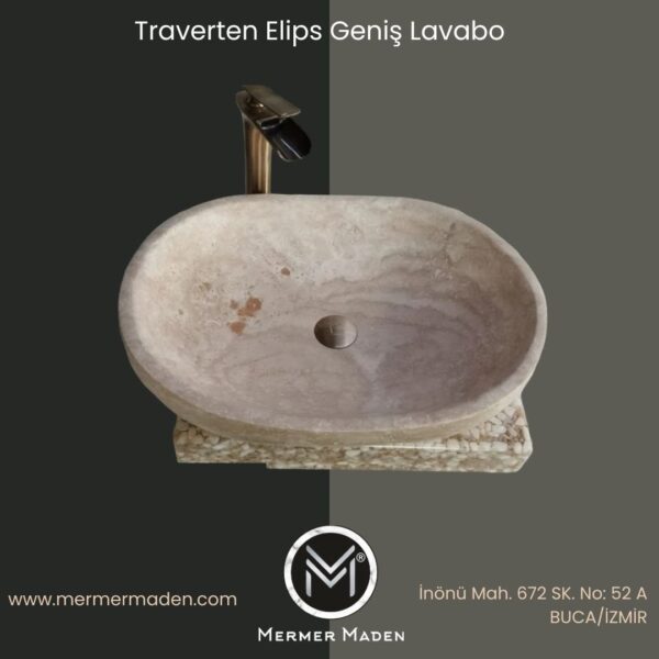 Traverten Elips Geniş Lavabo | Modern ve Şık Doğal Taş Lavabo