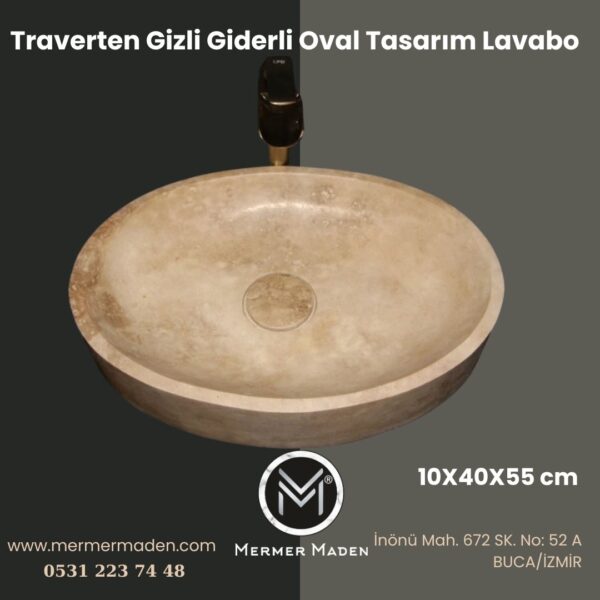 Traverten Gizli Giderli Oval Tasarım Lavabo | Modern ve Şık Doğal Taş Lavabo