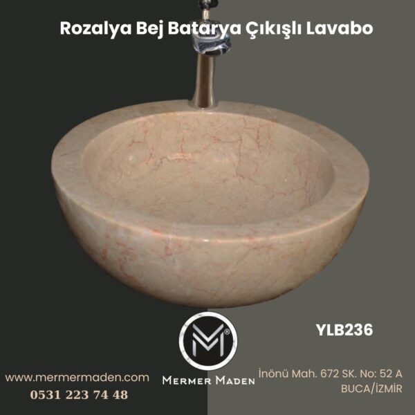 Rozalya Bej Batarya Çıkışlı Lavabo | Modern ve Şık Doğal Taş Lavabo