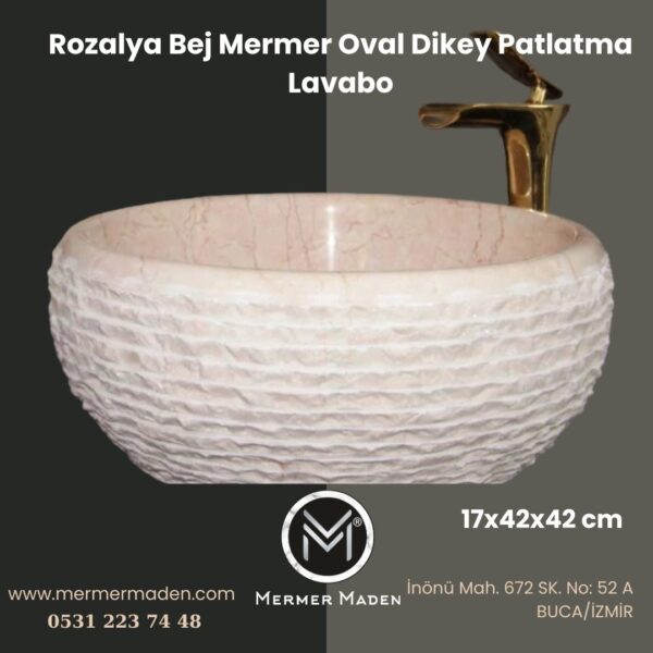 Rozalya Bej Mermer Oval Dikey Patlatma Lavabo | Modern ve Şık Doğal Taş Lavabo
