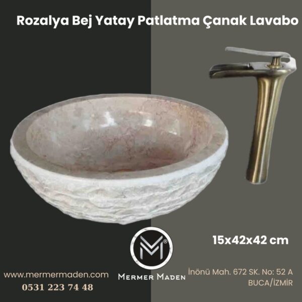 Rozalya Bej Yatay Patlatma Çanak Lavabo | Modern ve Şık Doğal Taş Lavabo