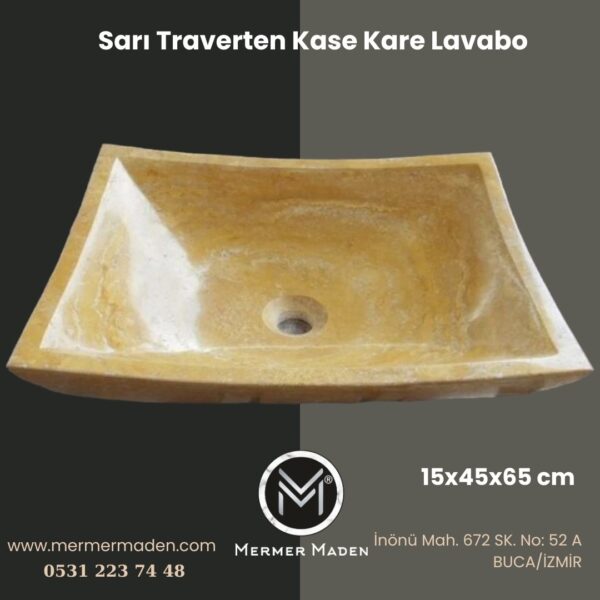 Sarı Traverten Kase Kare Lavabo | Modern ve Şık Doğal Taş Lavabo