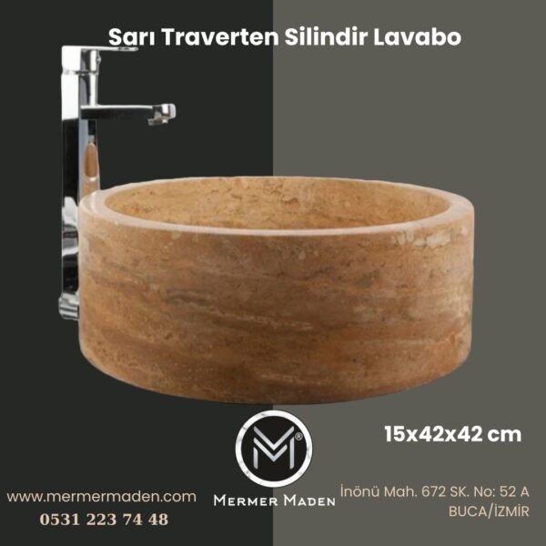 Sarı Traverten Silindir Lavabo | Modern ve Şık Doğal Taş Lavabo