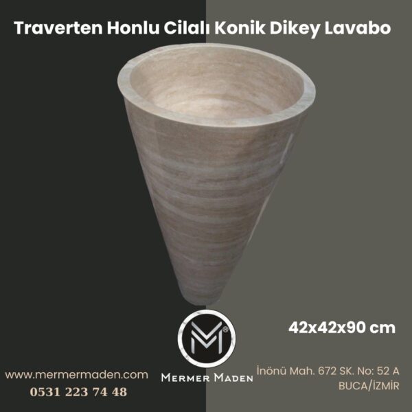 Traverten Honlu Cilalı Konik Dikey Lavabo | Modern ve Şık Doğal Taş Lavabo