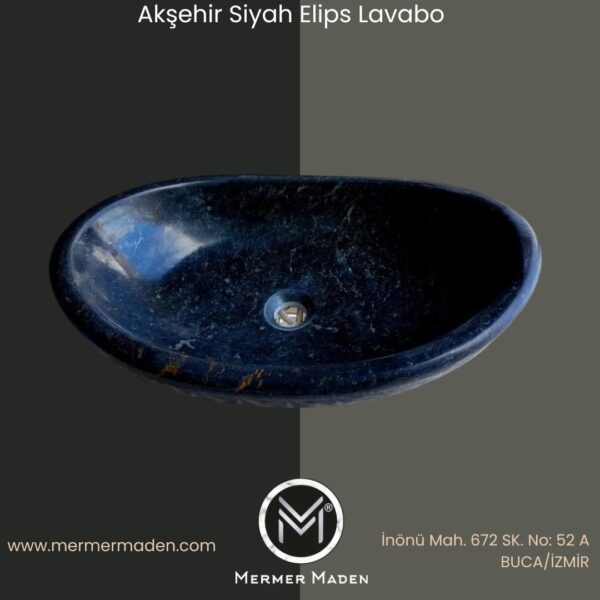 Akşehir Siyah Elips Lavabo | Modern ve Şık Doğal Taş Lavabo