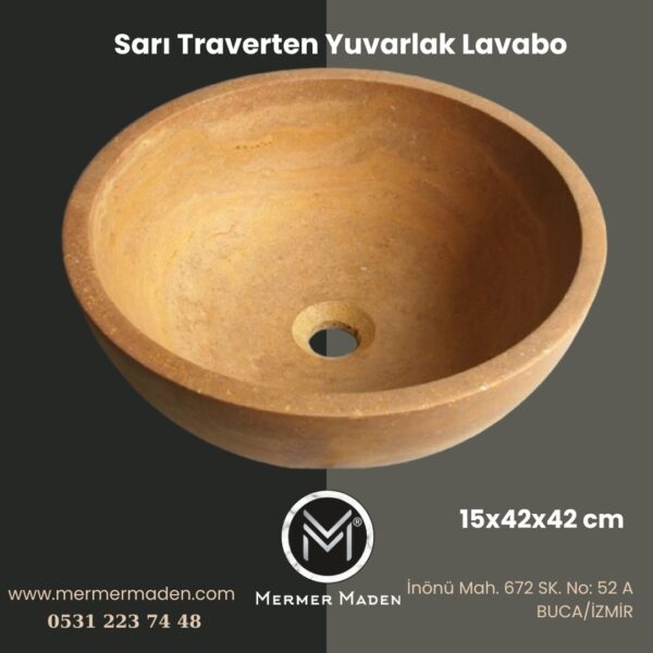 Sarı Traverten Yuvarlak Lavabo | Modern ve Şık Doğal Taş Lavabo