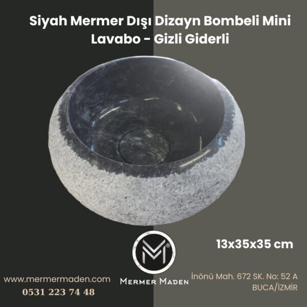 Siyah Mermer Dışı Dizayn Bombeli Mini Lavabo - Gizli Giderli | Modern ve Şık Doğal Taş Lavabo