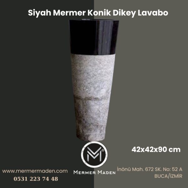 Siyah Mermer Konik Dikey Lavabo | Modern ve Şık Doğal Taş Lavabo