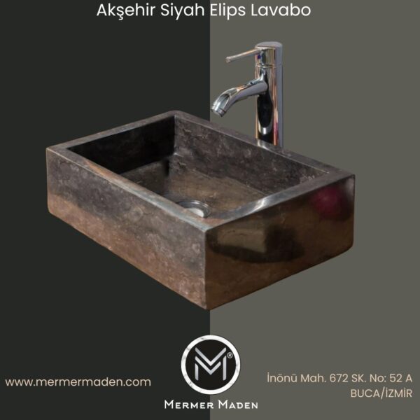 Akşehir Siyah Mermer Klasik Kare Lavabo | Modern ve Şık Doğal Taş Lavabo