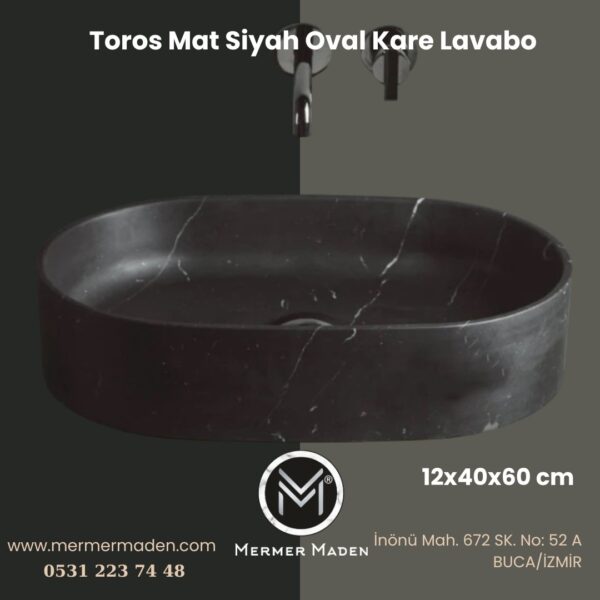 Toros Mat Siyah Oval Kare Lavabo | Modern ve Şık Doğal Taş Lavabo