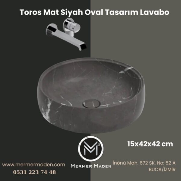 Toros Mat Siyah Oval Tasarım Lavabo | Modern ve Şık Doğal Taş Lavabo