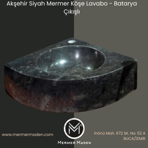 Akşehir Siyah Mermer Köşe Lavabo - Batarya Çıkışlı | Modern ve Şık Doğal Taş Lavabo