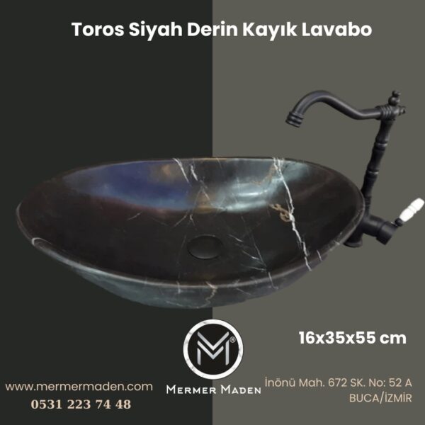 Toros Siyah Derin Kayık Lavabo | Modern ve Şık Doğal Taş Lavabo