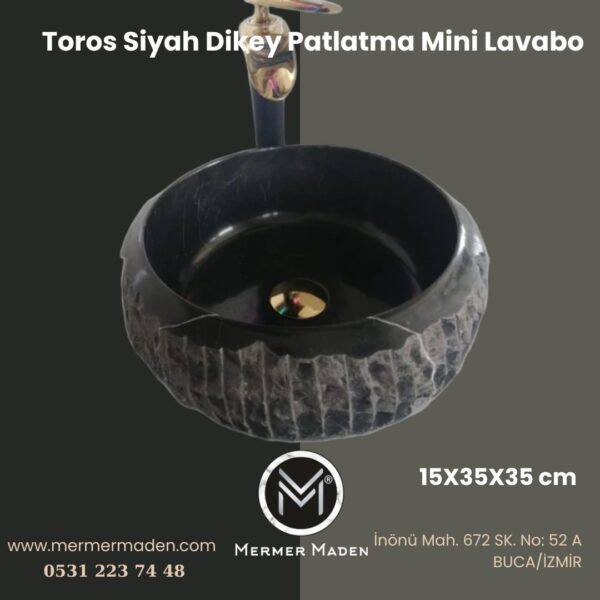 Toros Siyah Dikey Patlatma Mini Lavabo | Modern ve Şık Doğal Taş Lavabo