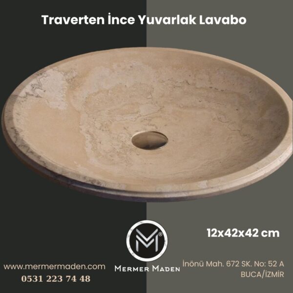Traverten İnce Yuvarlak Lavabo | Modern ve Şık Doğal Taş Lavabo