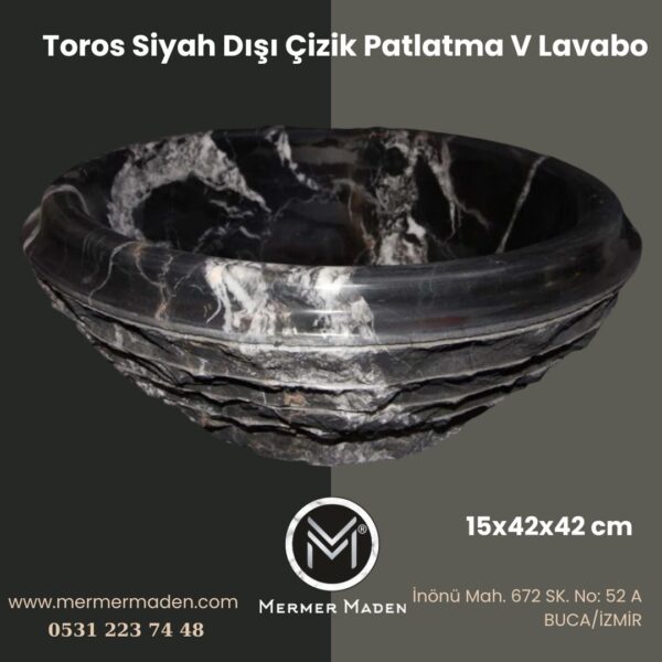 Toros Siyah Dışı Çizik Patlatma V Lavabo | Modern ve Şık Doğal Taş Lavabo