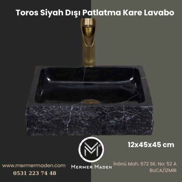 Toros Siyah Dışı Patlatma Kare Lavabo | Modern ve Şık Doğal Taş Lavabo