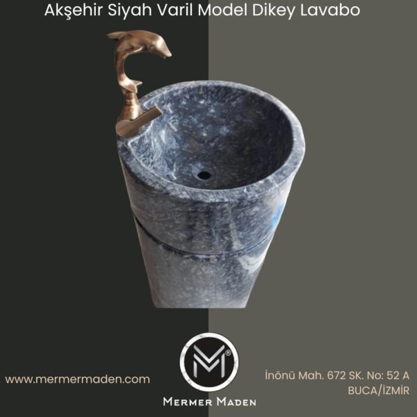 Akşehir Siyah Varil Model Dikey Lavabo | Modern ve Şık Doğal Taş Lavabo