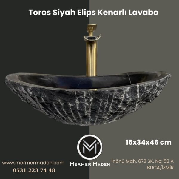 Toros Siyah Elips Kenarlı Lavabo | Modern ve Şık Doğal Taş Lavabo
