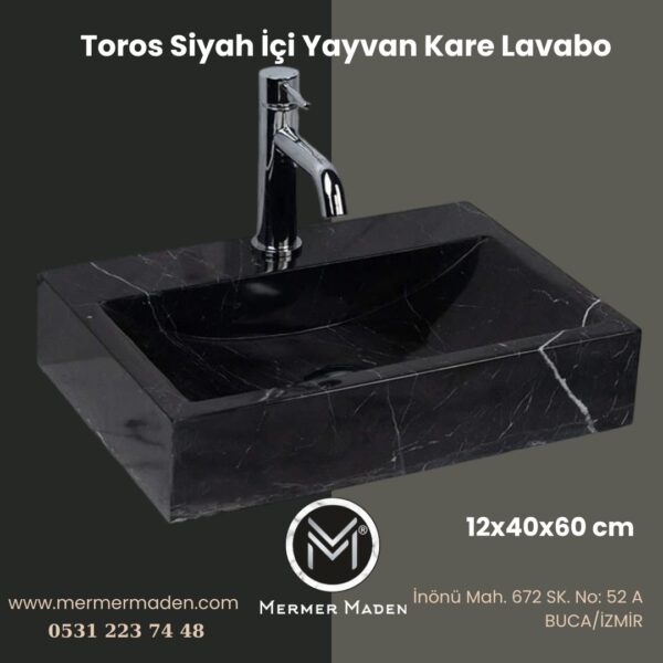 Toros Siyah İçi Yayvan Kare Lavabo | Modern ve Şık Doğal Taş Lavabo