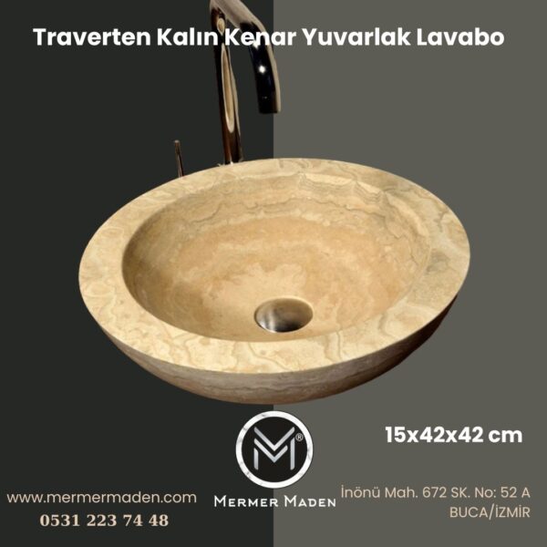 Traverten Kalın Kenar Yuvarlak Lavabo | Modern ve Şık Doğal Taş Lavabo