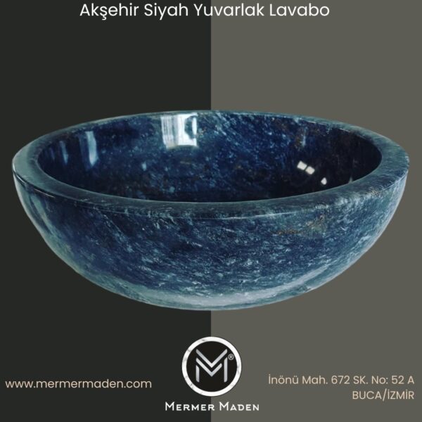 Akşehir Siyah Yuvarlak Lavabo | Modern ve Şık Doğal Taş Lavabo