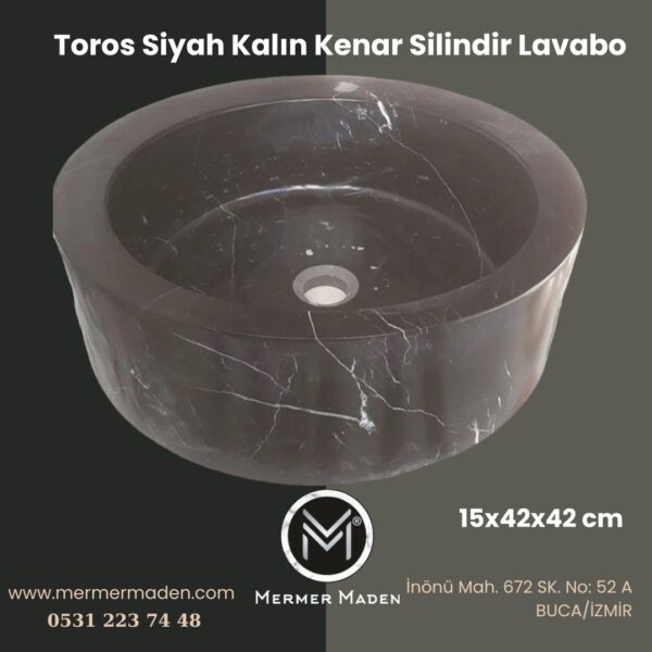 Toros Siyah Kalın Kenar Silindir Lavabo | Modern ve Şık Doğal Taş Lavabo