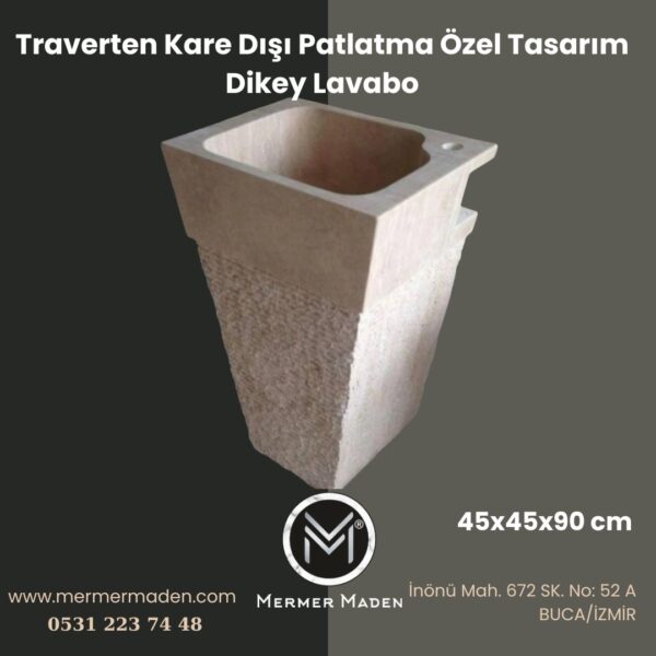 Traverten Kare Dışı Patlatma Özel Tasarım Dikey Lavabo | Modern ve Şık Doğal Taş Lavabo