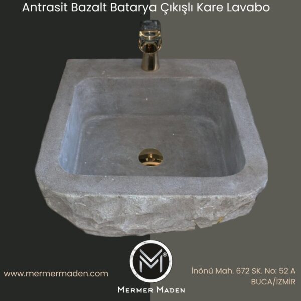 Antrasit Bazalt Batarya Çıkışlı Kare Lavabo | Modern ve Şık Doğal Taş Lavabo