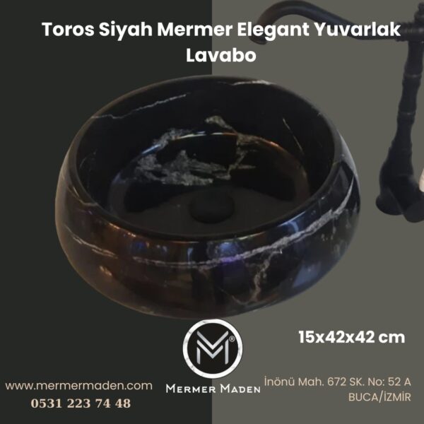 Toros Siyah Mermer Elegant Yuvarlak Lavabo | Modern ve Şık Doğal Taş Lavabo