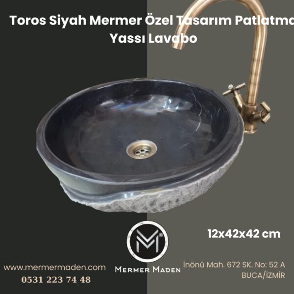 Toros Siyah Mermer Özel Tasarım Patlatma Yassı Lavabo | Modern ve Şık Doğal Taş Lavabo