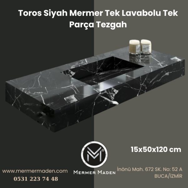 Toros Siyah Mermer Tek Lavabolu Tek Parça Tezgah | Modern ve Şık Doğal Taş Lavabo