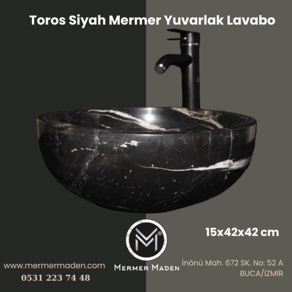 Toros Siyah Mermer Yuvarlak Lavabo | Modern ve Şık Doğal Taş Lavabo
