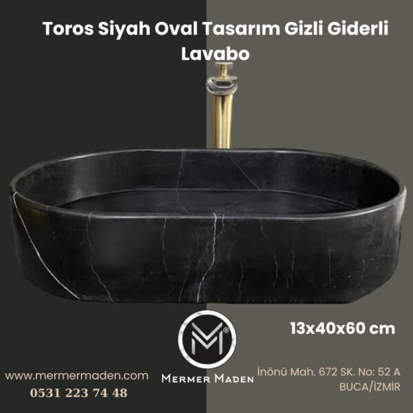 Toros Siyah Oval Tasarım Gizli Giderli Lavabo | Modern ve Şık Doğal Taş Lavabo
