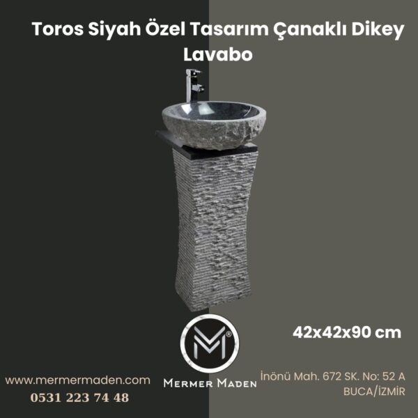Toros Siyah Özel Tasarım Çanaklı Dikey Lavabo | Modern ve Şık Doğal Taş Lavabo