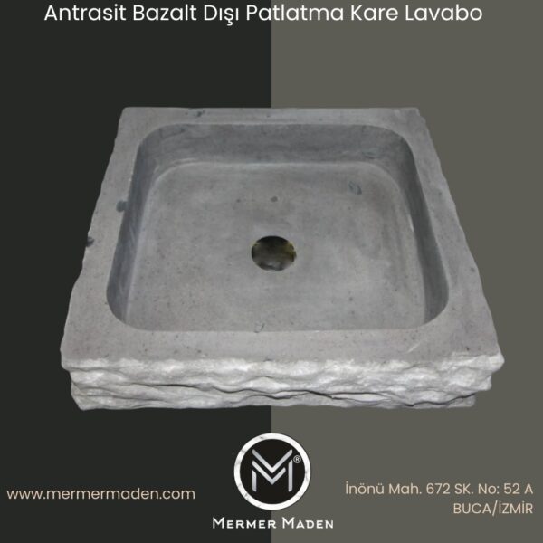 Antrasit Bazalt Dışı Patlatma Kare Lavabo| Modern ve Şık Doğal Taş Lavabo