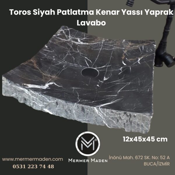Toros Siyah Patlatma Kenar Yassı Yaprak Lavabo | Modern ve Şık Doğal Taş Lavabo