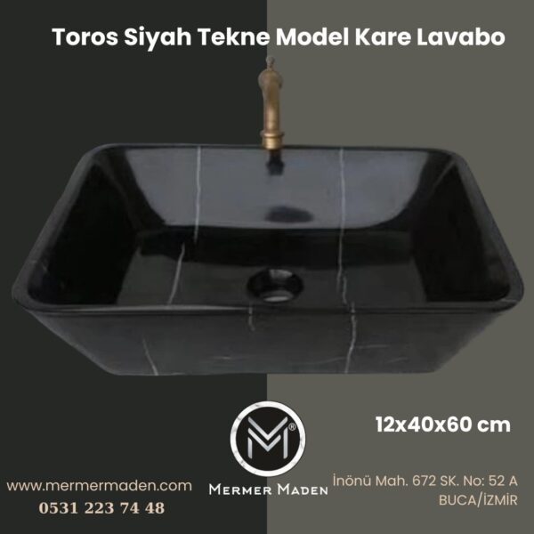 Toros Siyah Tekne Model Kare Lavabo | Modern ve Şık Doğal Taş Lavabo
