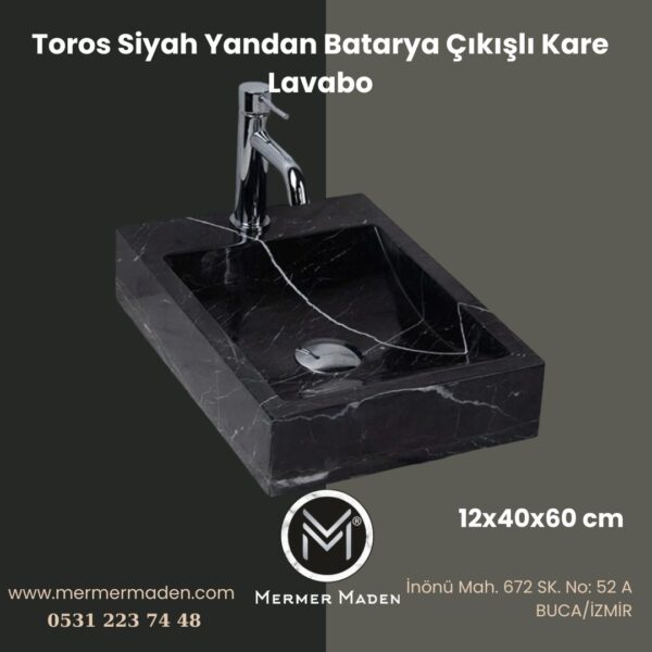 Toros Siyah Yandan Batarya Çıkışlı Kare Lavabo | Modern ve Şık Doğal Taş Lavabo