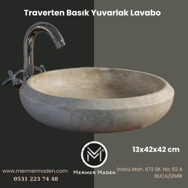 Traverten Basık Yuvarlak Lavabo | Modern ve Şık Doğal Taş Lavabo